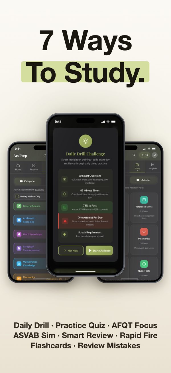 AcePrep ASVAB App Store screenshot, "7 Ways To Study.": the study modes.