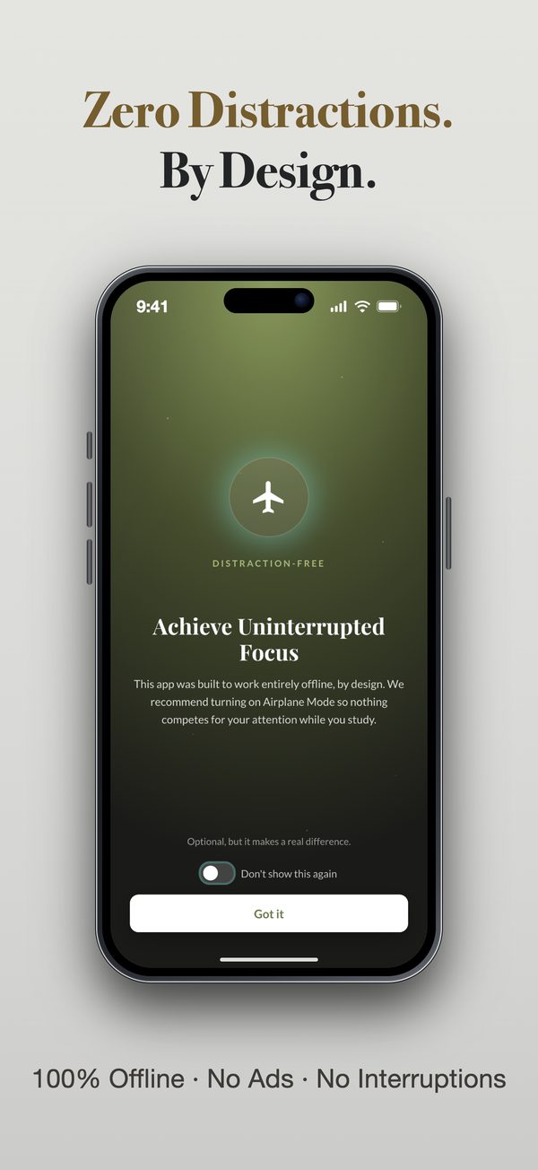 GlowStudy Barber App Store screenshot, "Zero Distractions. By Design.": the distraction-free study screen.