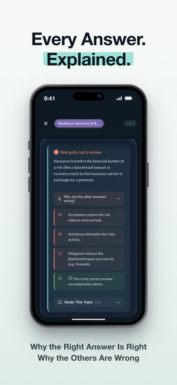 TechPrep Security+ App Store screenshot, "Every Answer. Explained.": a reviewed question that explains why the right answer is right and why the others are wrong.